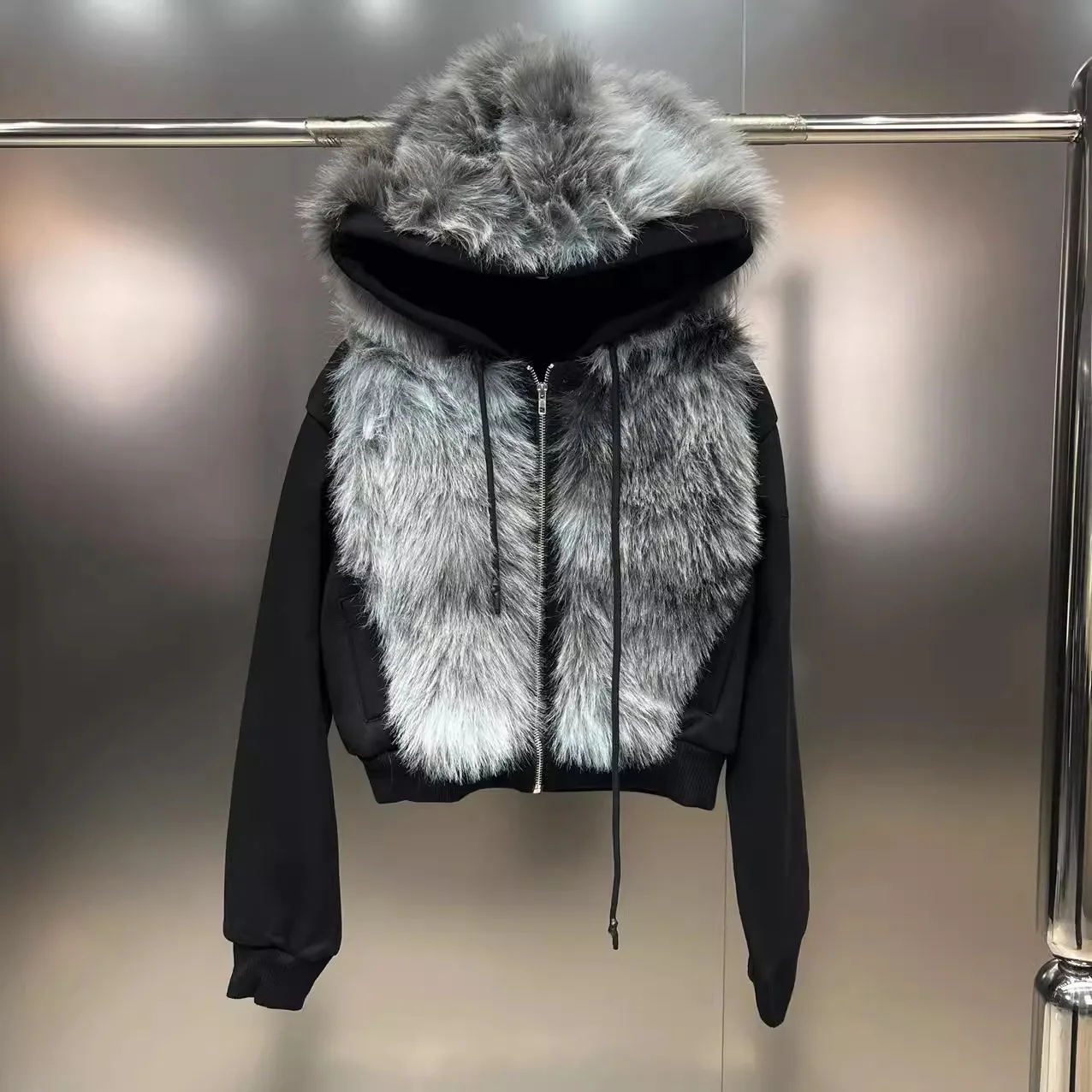 

2024 Spring New Hooded long sleeves Faux fox fur patchwork Jacket Loose Street Fashion Sweatshirt Hoodies for Women Y4844