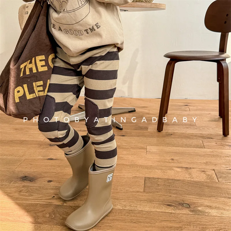 Baby Girls Versatile Striped Tight Pants Toddler Casual Pants Kids Patch Trousers 2025 Autumn New Children Cotton Leggings