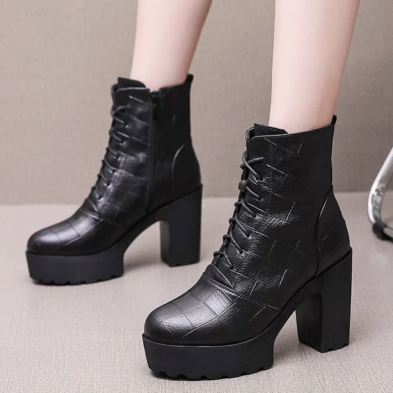 

8cm 10cm Small Size 33-43 British Style Block High Heels Shoes 2025 Fall Winter Soft Leather Platform Ankle Motorcycle Boots