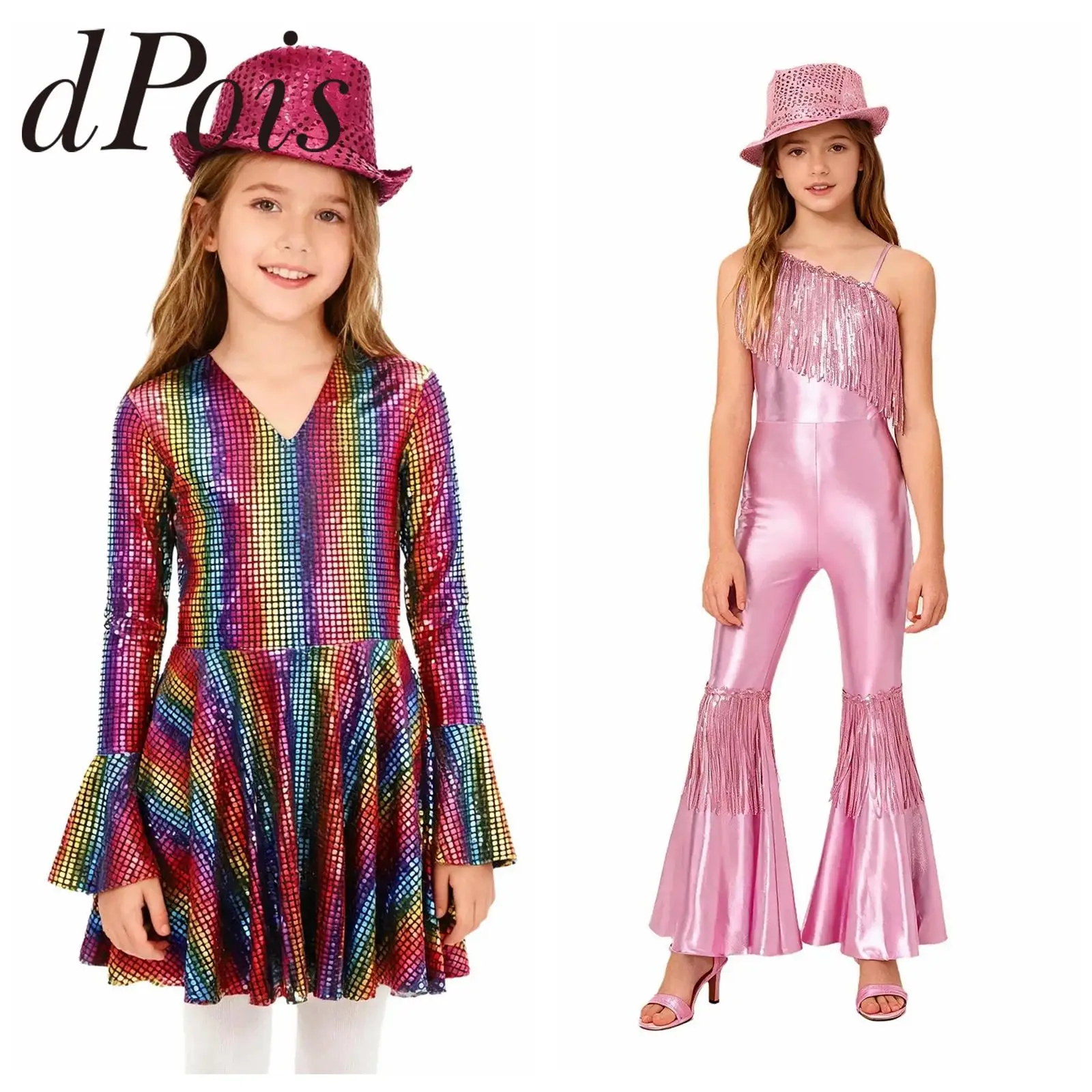 

Детский костюм в стиле диско-хиппи 60-х и 70-х годов, расклешенный комбинезон с блестками для девочек, металлическая танцевальная одежда, вечерние костюмы для джазовых танцев, уличная одежда