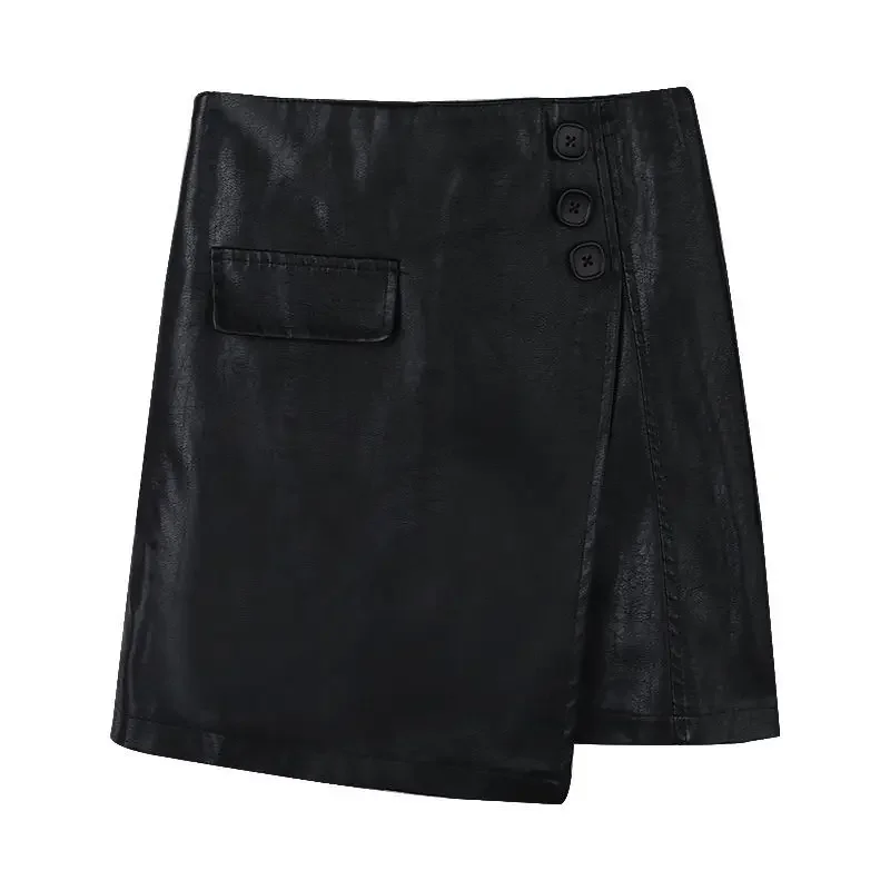 Autumn and Winter New A-line Half length Skirt Cover Belly Black Slightly Fat High Waist Irregular PU Soft Leather