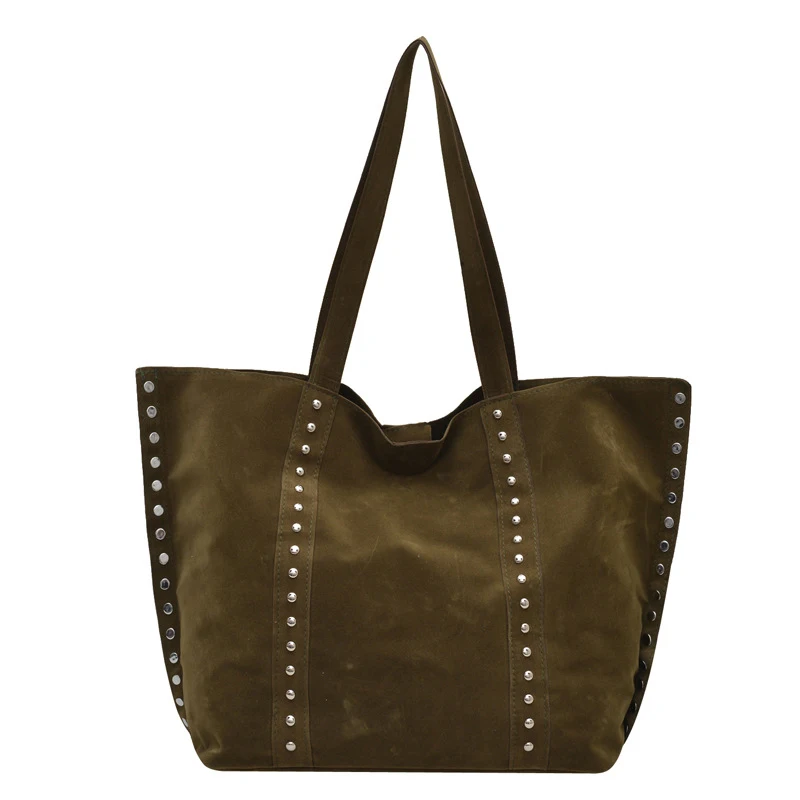 Frosted PU Rivet Tote Bag,Metal Studded Women Casual Shoulder Bag,Vintage Large Capacity Fall Winter Work Travel Commute Handbag