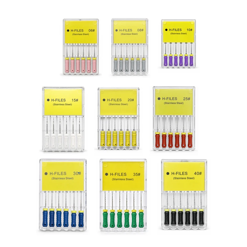 Stainless Steel Dental Hand H-Files Endodontic Root Canal Hedstrom Files 6 Pcs per Box Sizes 06#-80# Lengths 21 25 31 mm