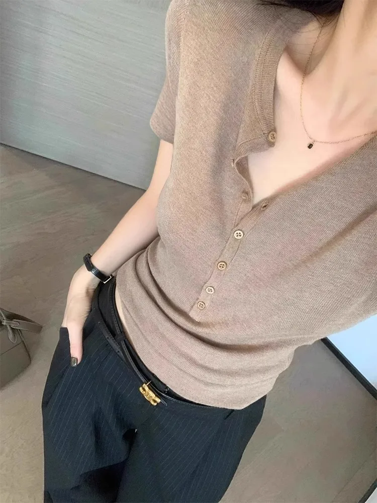 T-shirt da donna lavorata a maglia in seta di ghiaccio ort Sve V-Ne Slim Fit Summer Commute Sle Coreano Faion Abbigliamento interno casual Top