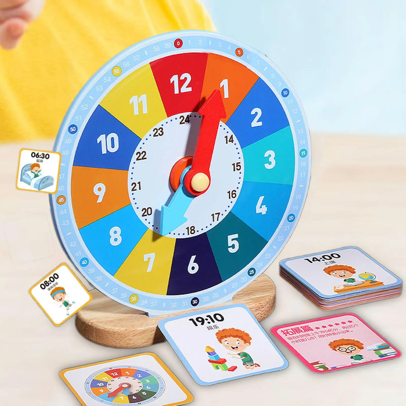 Wooden Analog Learning Clock Toy for Kids Early Education Time Teaching Clock with Cards Hours Minutes Seconds Skill Development