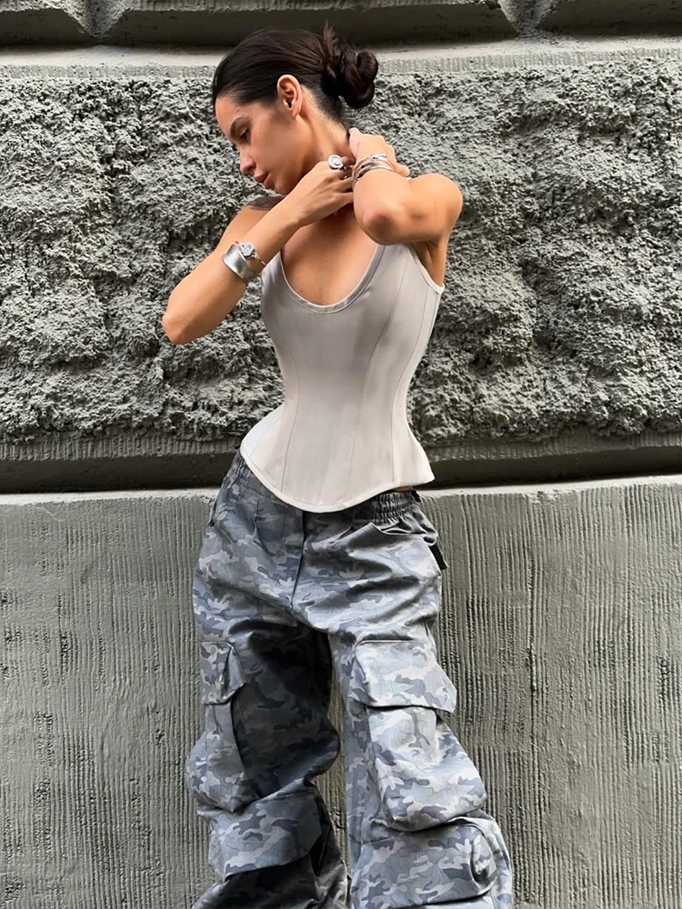 

Whatiwear Casual Fashion Tank Tops Woman PU Leather Low-Neck Irregular Hem Shape Waist Look Slimmer Street Fashion Classic Vest