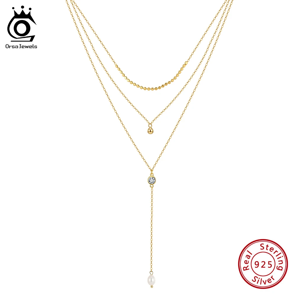 

ORSA JEWELS 925 Sterling Silver Simple Pearl Three Layer Y-Shaped Chain Necklace Zircon Dainty Beaded Long Chain Jewelry BQN35