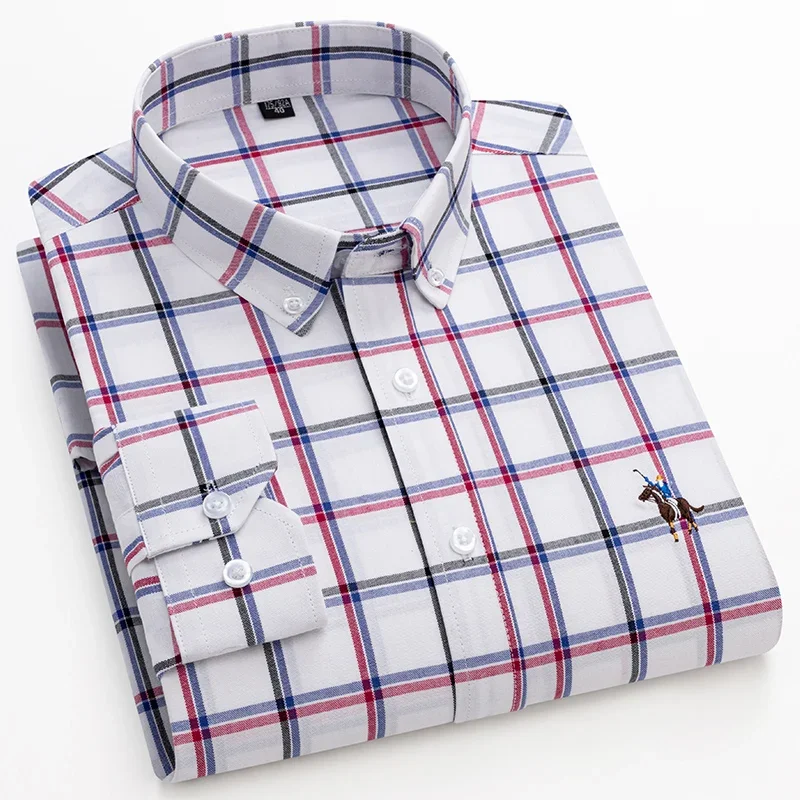 Camisas de manga larga para hombre, camisa informal Oxford a cuadros a rayas, ajustada, de Color sólido, 100% algodón, nueva moda