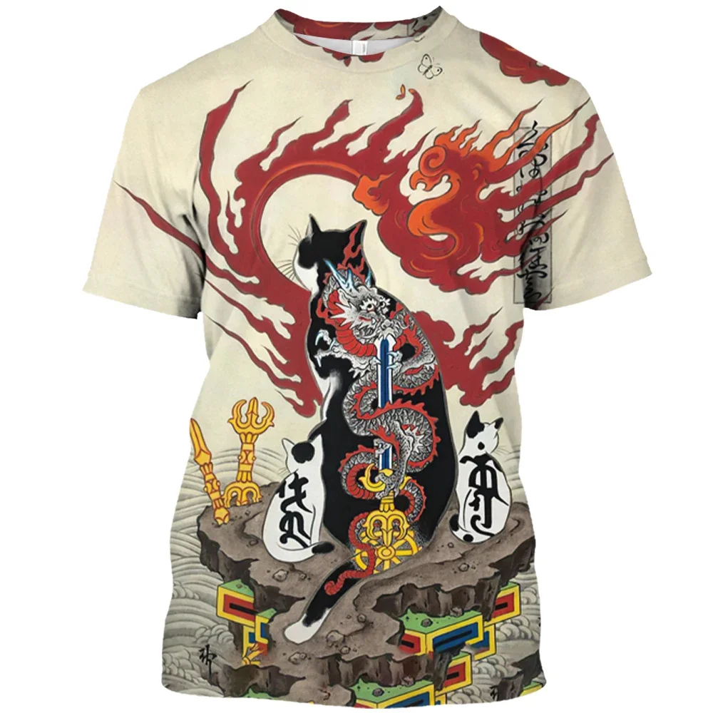 Camiseta masculina e feminina de manga curta com gola redonda, mitologia japonesa, gato samurai, estampa de Harajuku 3D, gráfico, verão