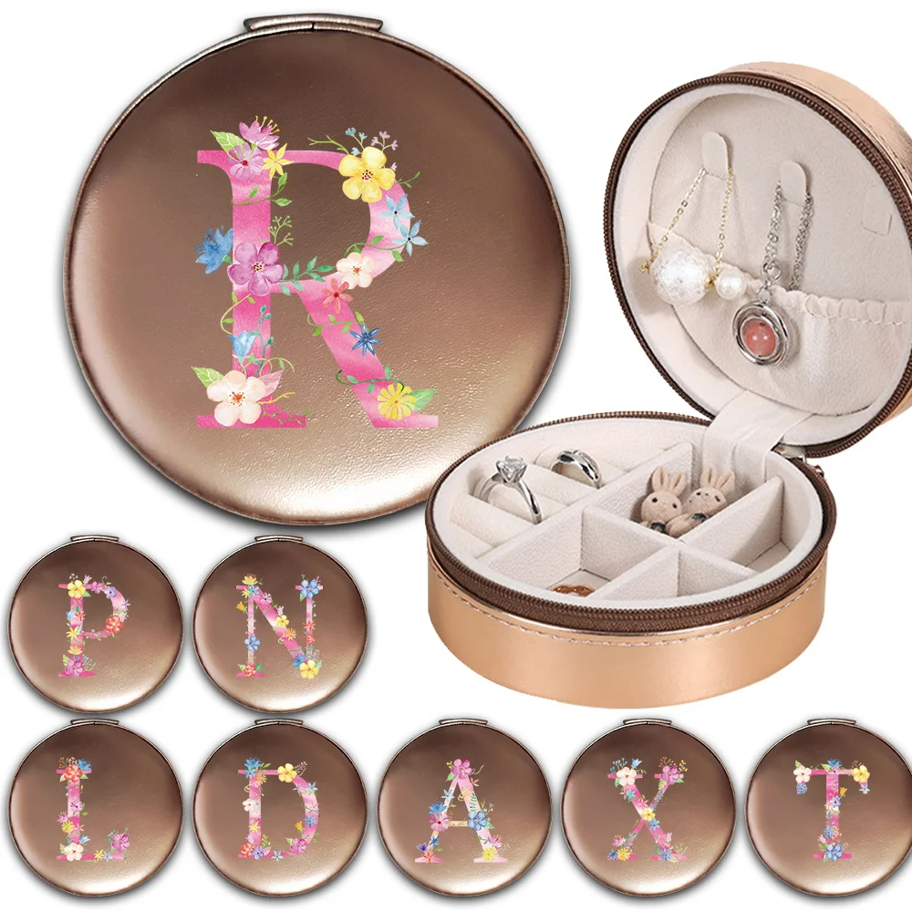 

Travel Jewellery Storage Case Pu Portable Jewelry Storage Box With Zipper Necklaces Earrings Rings Display Pink Letter Pattern