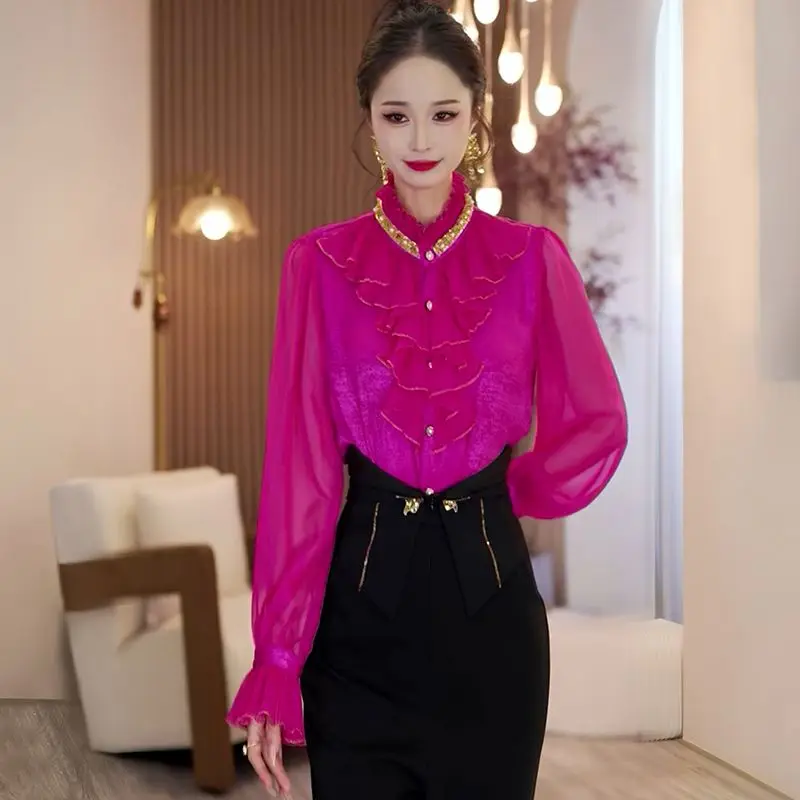 2024 New Rose Red Long Sleeve Loose Shirt for Women Rich Lady Western Style Noble Top French Style Small Shirt