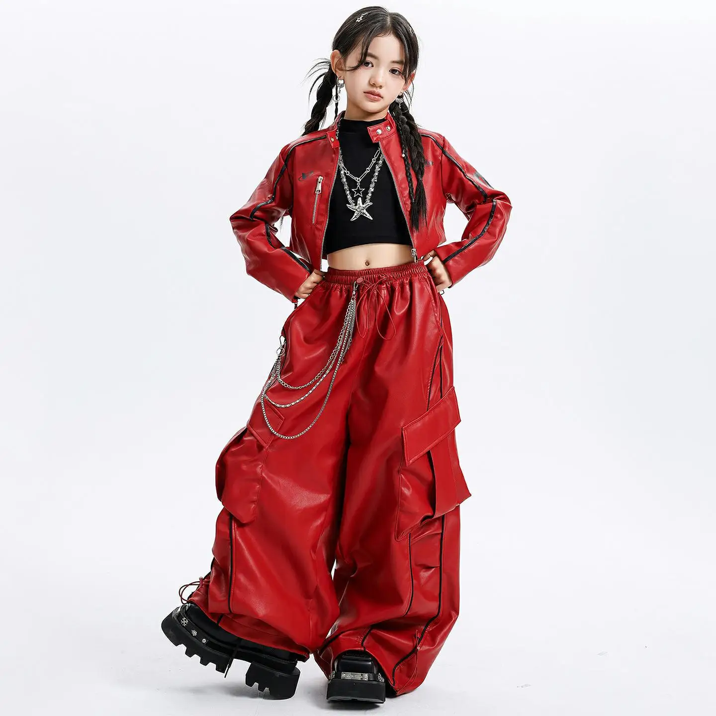 Kid Kpop Hip Hop Clothing Red Faux Leather Zip up Crop Jacket PU Street Wide Striped Cargo Pants for Girl Dance Costumes Clothes