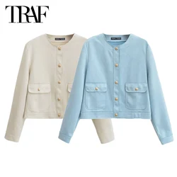 TRAF Women's Elegant Outerwears 2024 Spring Autumn Long Sleeve Varsity Jacket Coat Ladies Fashion Casual Office Beige Blue Coat