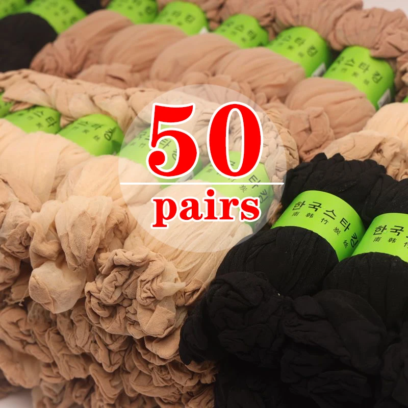 

100pcs=50 Pairs Spring Summer Women Socks Thin Silk Socks Non-Slip Skin Solid Color Socks Transparent Ladies Breathable Sock