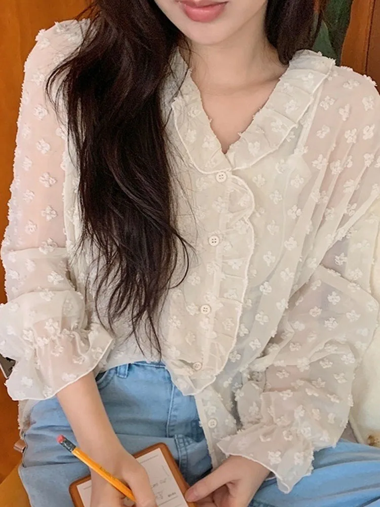 Women's Spring New Style Korean Soft Temperament Floral Embroidery Long Sleeve Shirt Baby Doll Collar Design Bell Sleeve Top