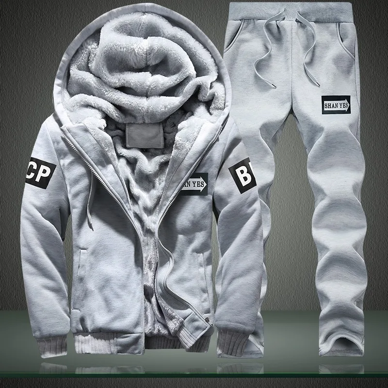 Men's Winter Thickened Tracksuit Sets Fleece Hooded Jacket for Outdoor Sports Suit Leisure Running Fitness Warmth Two-piece Set view 3