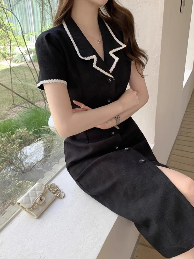 Summer New Black Retro Temperament Suit Collar Single Breasted Contrasting Color Slim Fit Short Sleeved Dress Vestidos Mujer