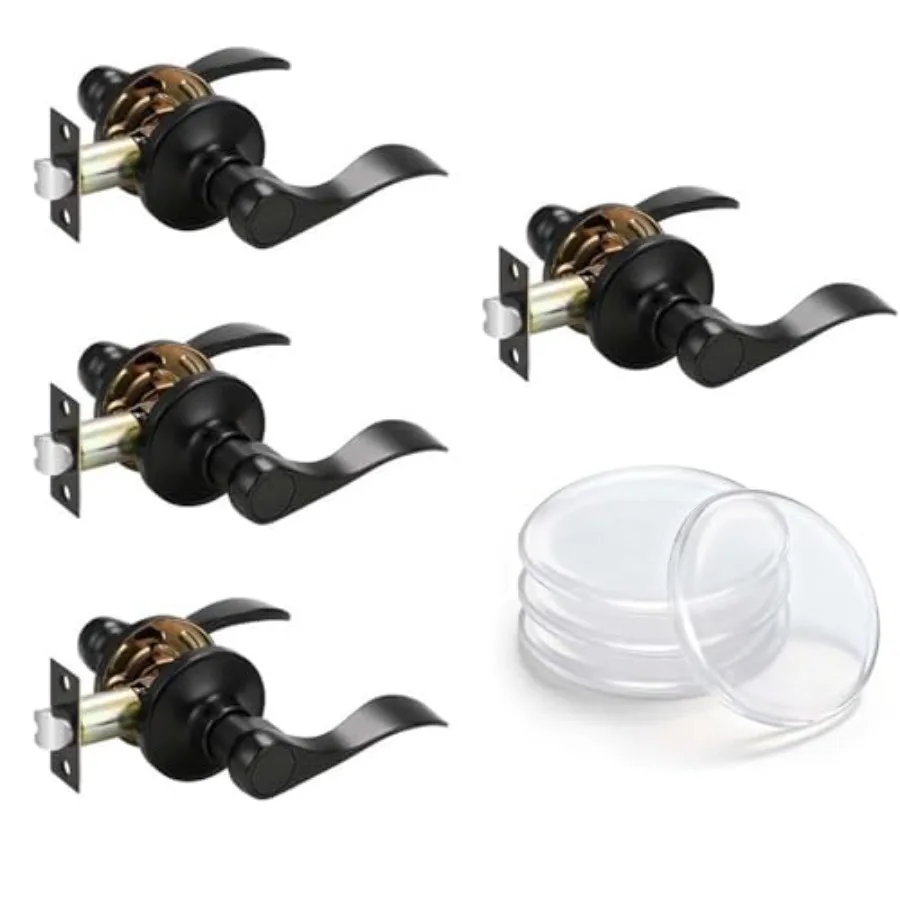 

Black Passage Door Levers 4 Pack for Closet and Hallway and Clear Door Stoppers for Wall 4 Pack Bundle Set