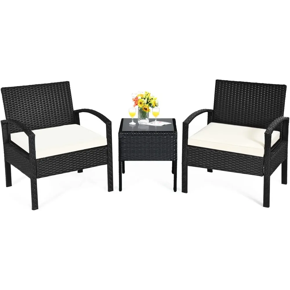 

3 Piece Patio Conversation Set, Outdoor Rattan Sofa Set with White Seat Cushions & Coffee Table, Patio Wicker Furniture Set