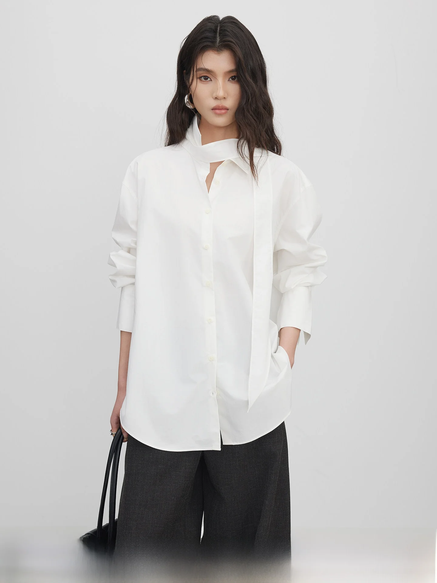 

KEARA Women's Long Sleeve Shirt with Sash Stand Collar Commute Design Spring New Style Breathable Cotton Casual Business Top