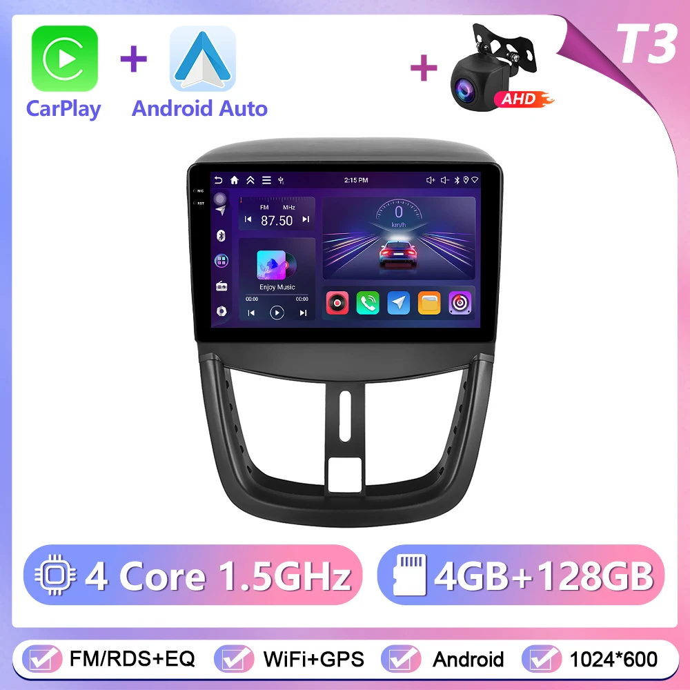 Podofo draadloze CarPlay Android Auto autoradio voor Peugeot 207 2009-2013 GPS navigatie 2Din multimediasysteem autoradio stereo