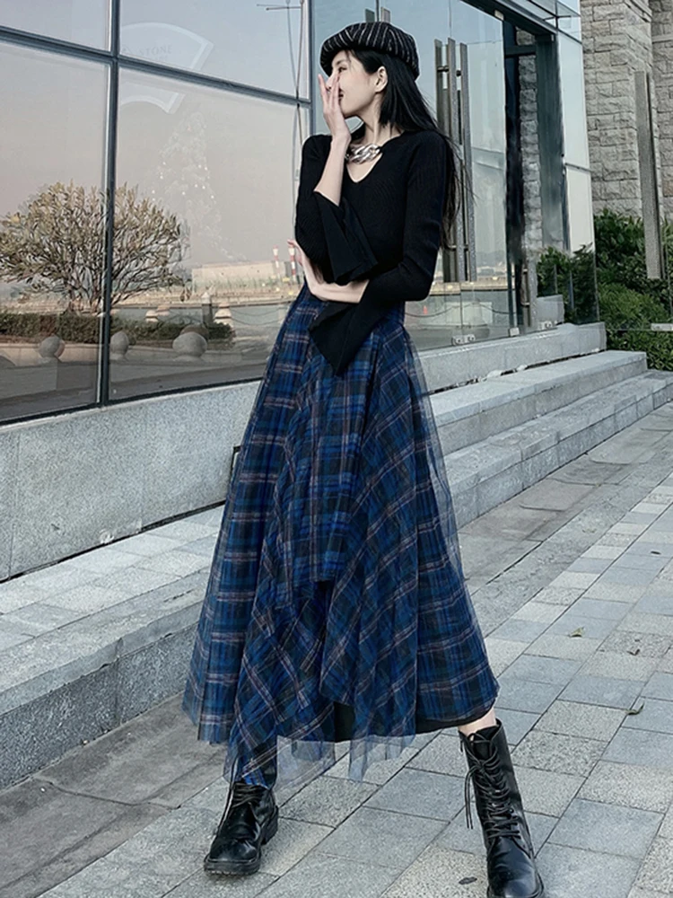 TWOTWINSTYLE Colorblock Plaid Vintage A Line Skirt For Women High Waist Patchwork Button Temperament Skirts Female Fashion New