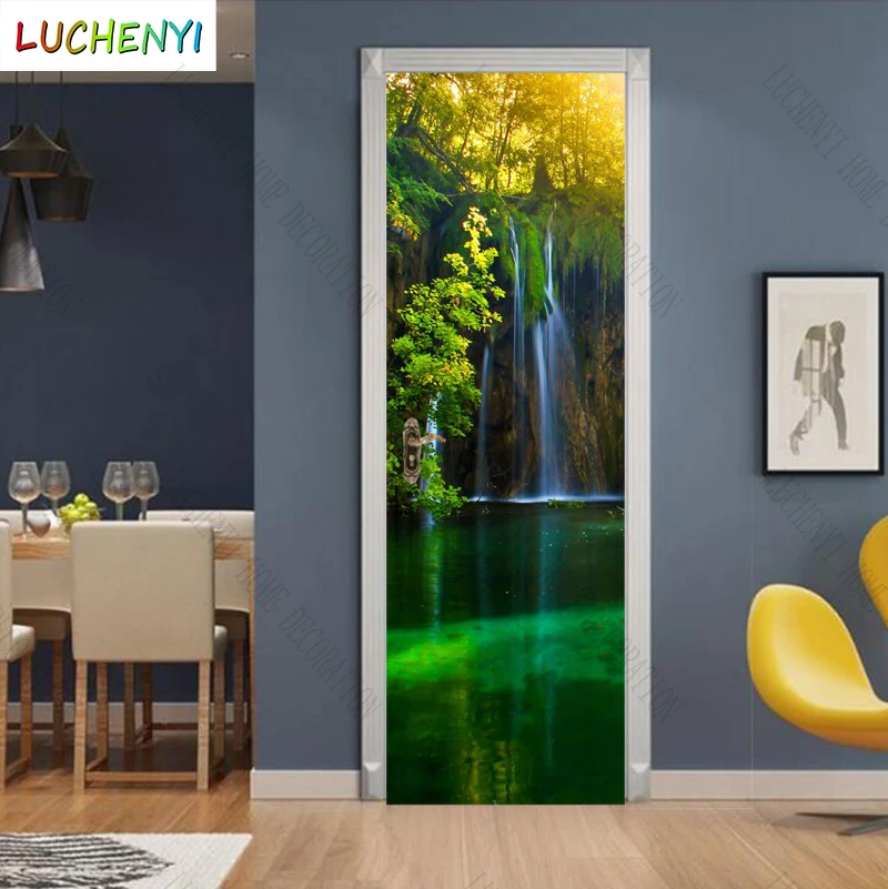 

Papel de parede Trees grow by sun lake reflect green water landscape door sticker bedroom door wallpaper mural , home decoration