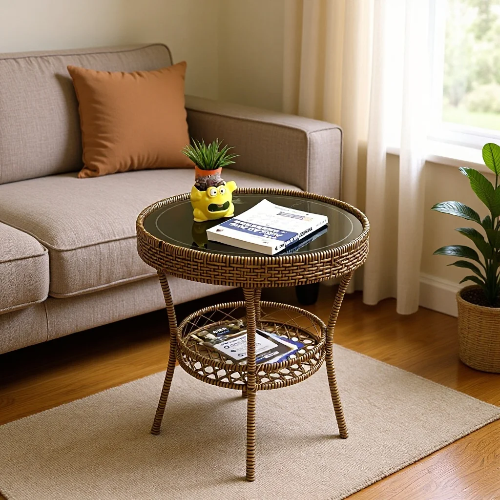 Round Tempered Glass Rattan Coffee Table, Minimalist Small Round Side Table for Living Room Balcony, Boho Wicker End Table