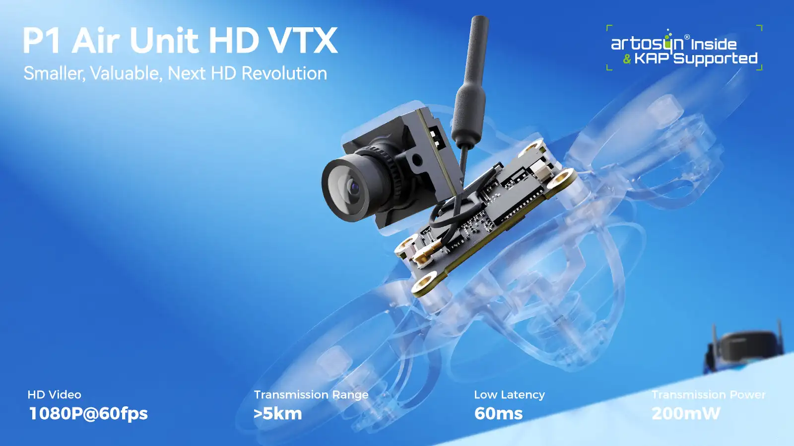 

BETAFPV P1 HD VTX ArtLynk 1080p@60fps 60ms Latency 5km Range, 170° FOV 1/2.9" CMOS 6.5g Plug & Play for FPV Drone