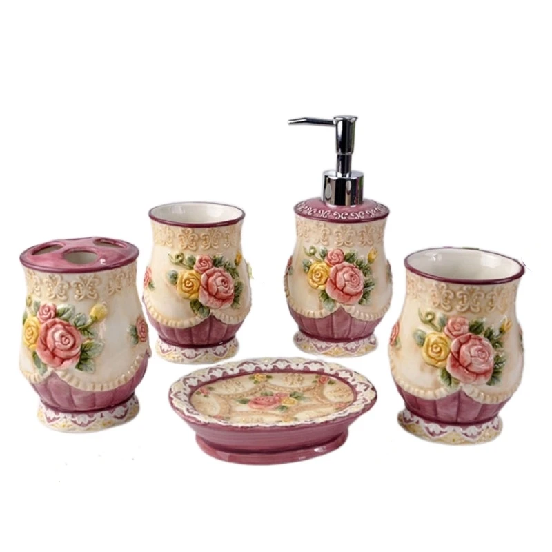 

European-style 5-piece ceramic bathroom set Lotion bottle toothbrush holder Soap dish accessories Wedding gift