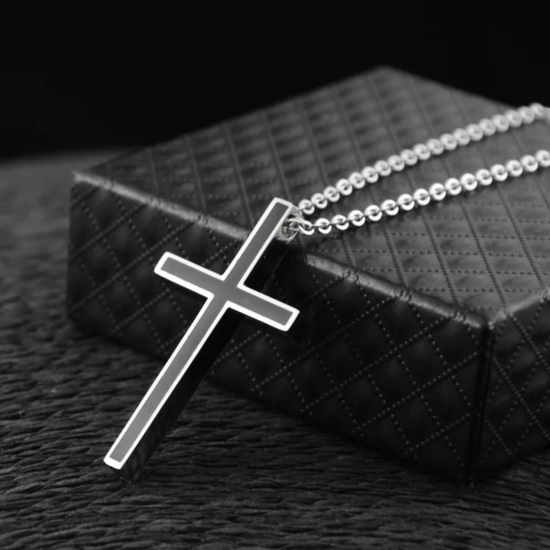 

Simple Black Cross Long Men Necklace Pendants Chain Punk for Boyfriend Male Stainless Steel Jewelry Creativity Gifts
