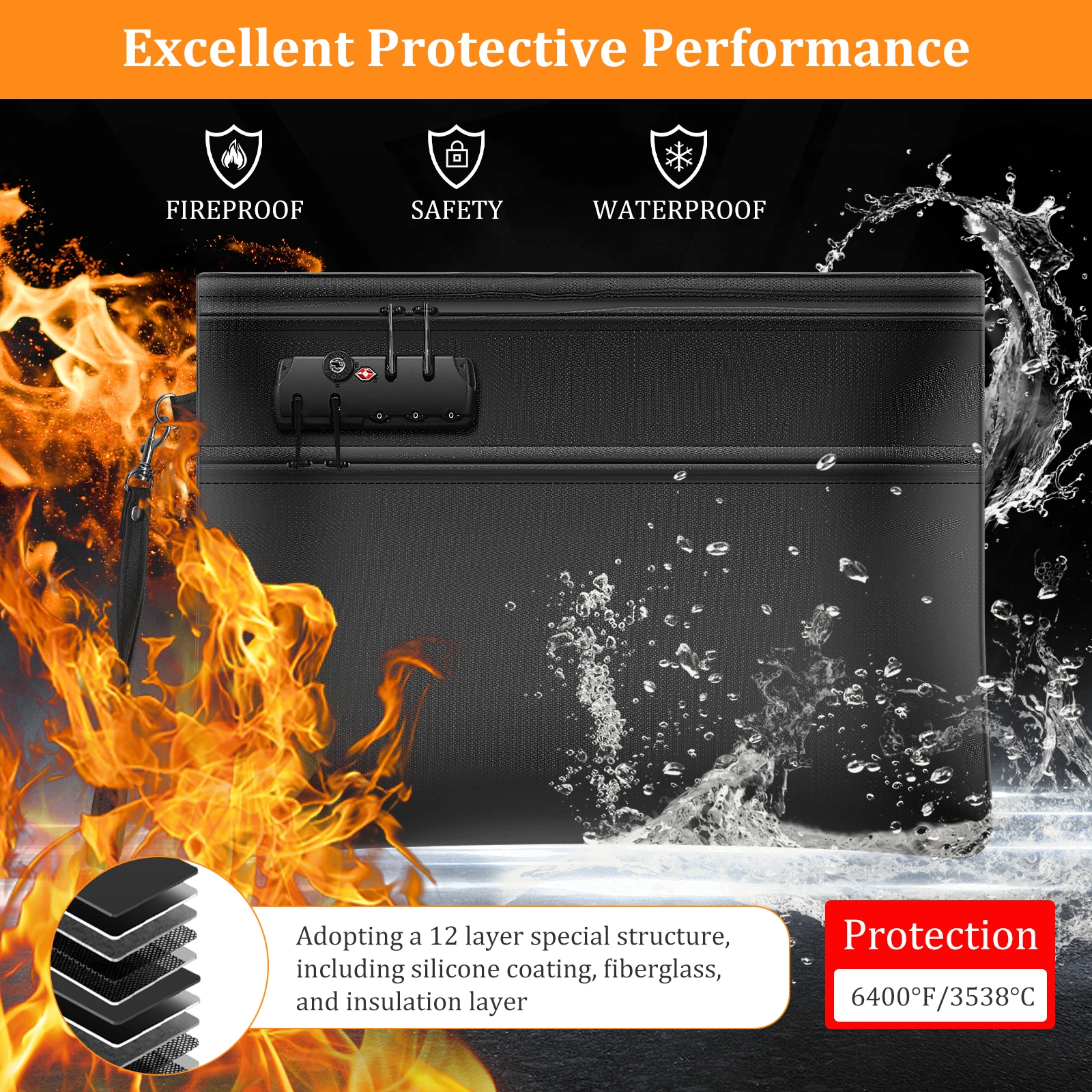 6400 ℉   ロック付き耐火書類バッグ デュアルジップコンパートメント 耐火マネーバッグ 12層断熱耐火バッグ 保護