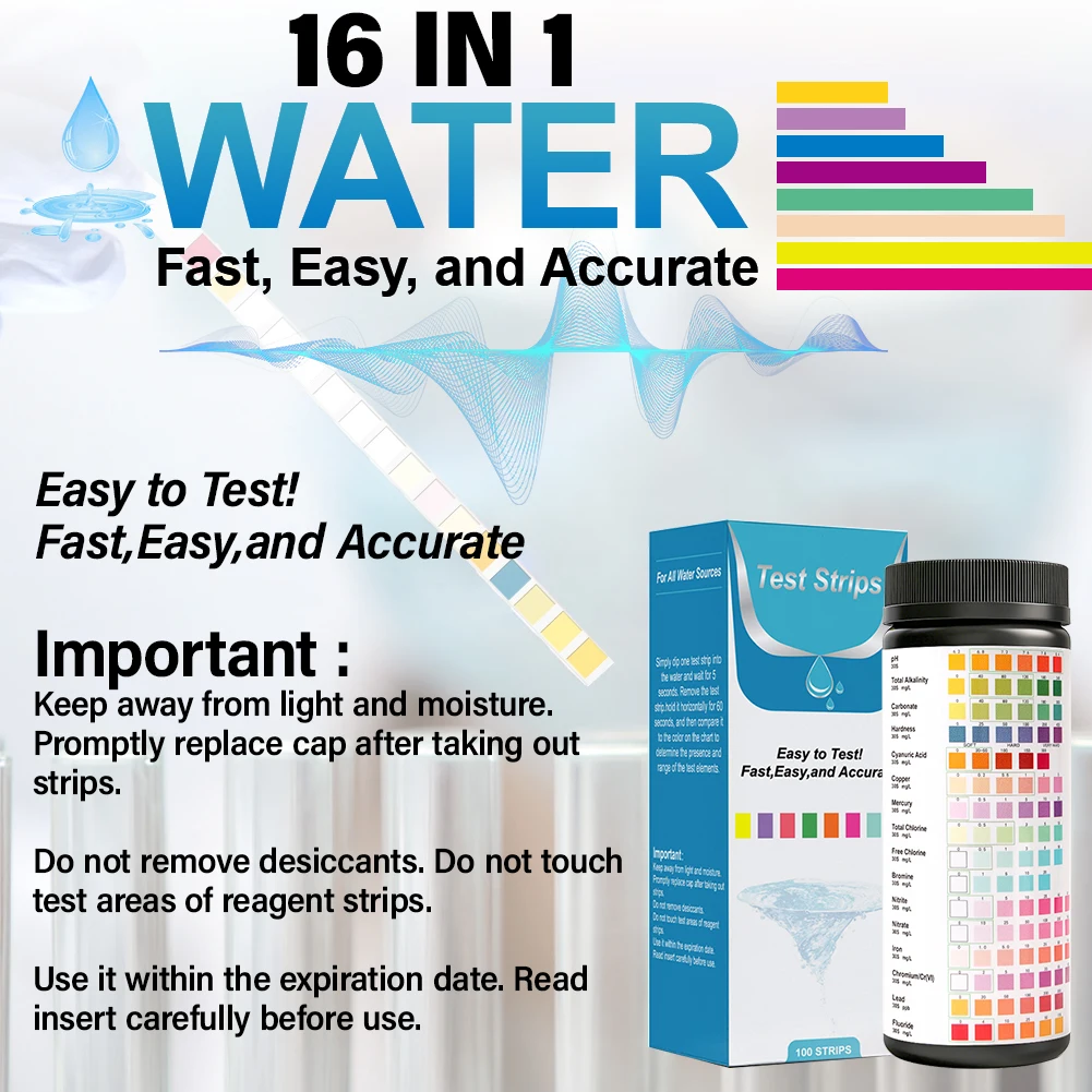 Yieryi 16 in 1 Water Test Strips 100pcs Accurate Hardness Testing pH Chlorine Meter for Pool Drinking Water Aquarium Spa Pond view 3