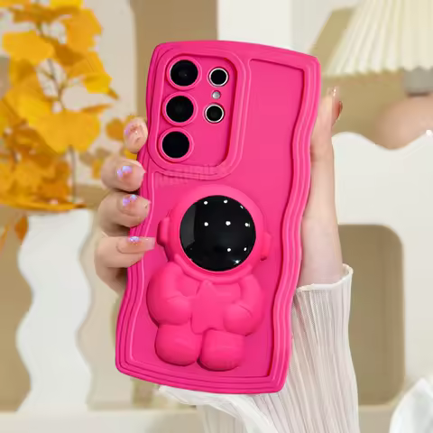 S24ultra Astronaut Holder Wavy Silicone Case For Samsung Galaxy S23 S21 S20 Fe S22 S24 Plus Ultra S 24 23 Stand Cover Note 20 10