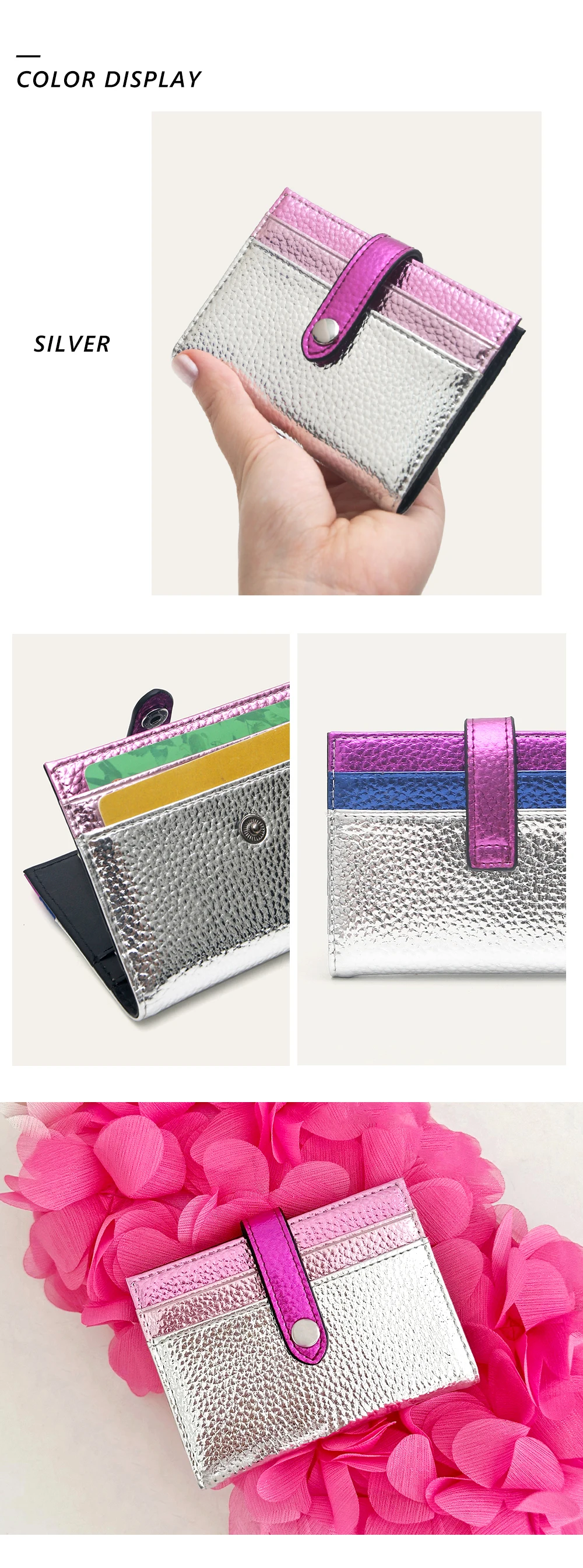 CR Fashion Metallic Color Block PU-Leder Bifold Kurzgeldbörse für Damen mit mehreren Kartenfächern, Kreditkartenhalter, Geldbörse, Alltagsgeschenk, Reisezubehör – Detail 6