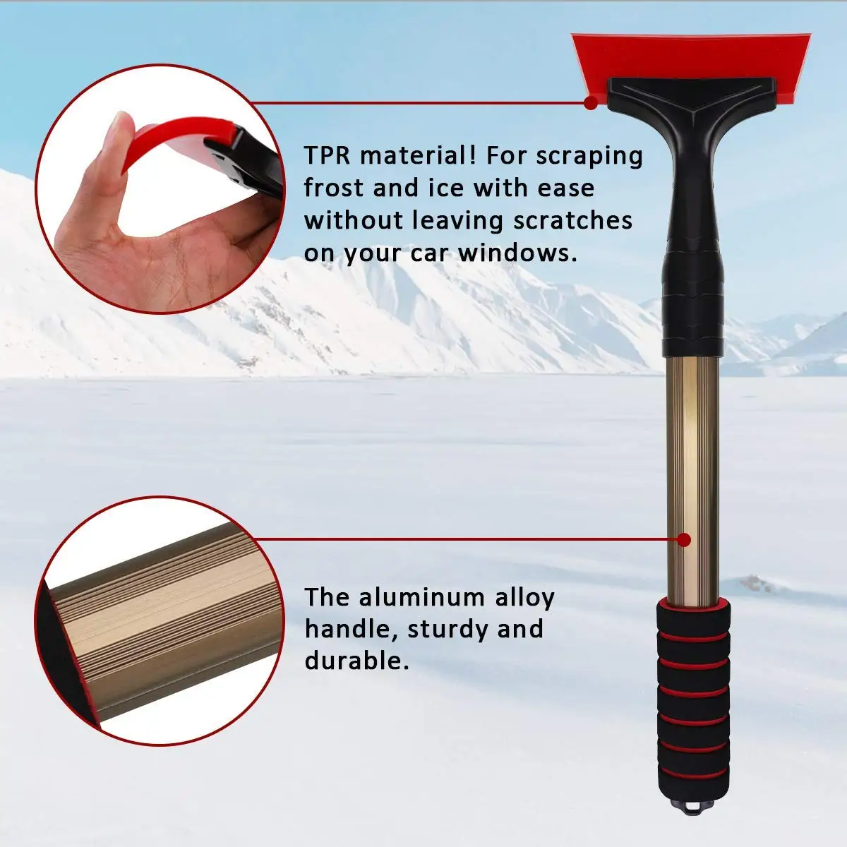 مكشطة ثلج ثلج السيارة شفرة مطاطية مقاومة للخدش والتجميد، مقبض طويل للزجاج الأمامي للسيارة مكشطة إزالة الثلج والثلج الصقيع