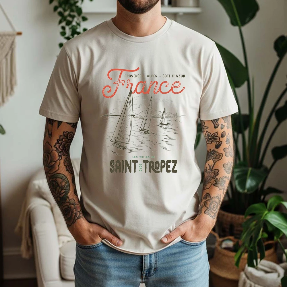 New Summer Men's 100% Cotton Short Sleeve T Shirt Retro French Coast Sailing Sketch Graphic Print Breathable Casual Daily Tees