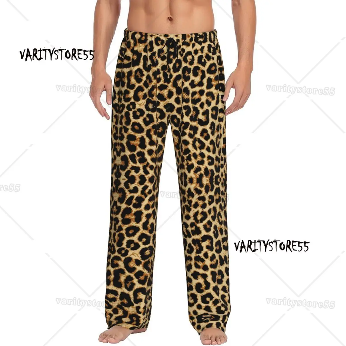 

Мужские пижамные штаны с леопардовым мехом и текстурой кожи, одежда для сна с тропическими дикими животными, эластичные штаны для сна с карманами