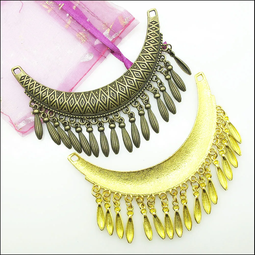 2Pcs Antique Silver Gold Bronze Color Moon Tassels Charms Pendants Connectors 70x88mm