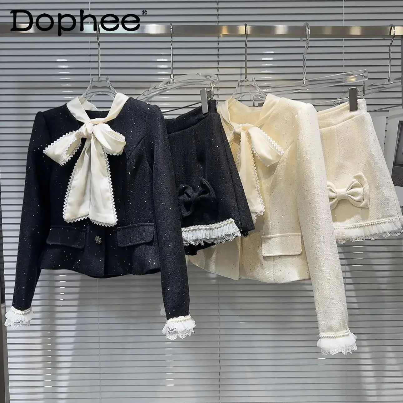 

Autumn New Sweet Girl Bow Slim Tweed Short Coat + Lace Edge Short Skirt Sets Commuter Style Two Piece Sets Womens Outifits