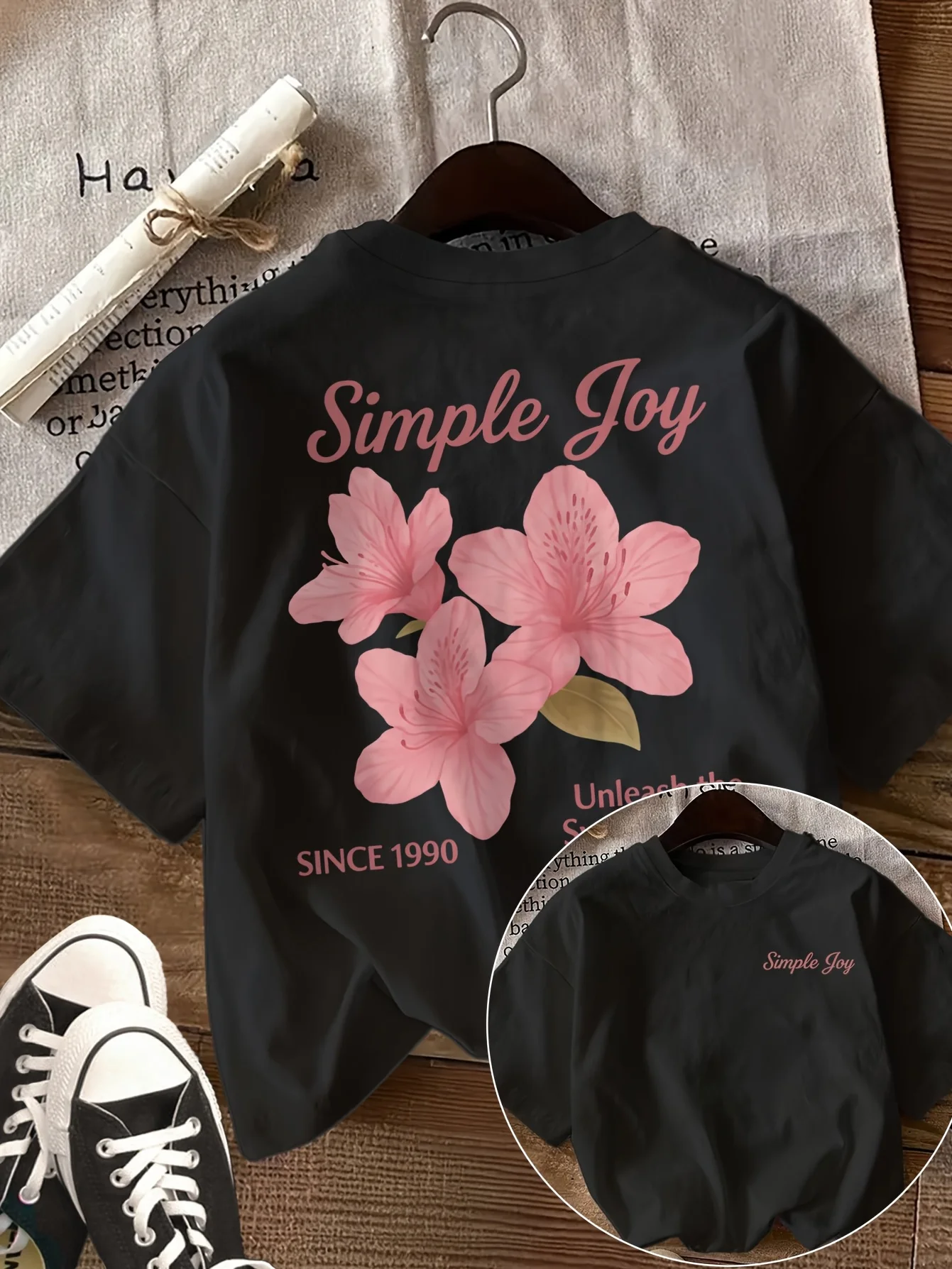 Double-sided Print Spring/summer Women's Casual Top, Fresh Style with Pink Floral Print, Simple Happiness to Release Inner Sweetness, Round Neck Short Sleeve Women's Fashion T-shirt