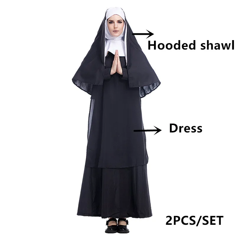 1PC Adult Women Traditional Nuns Costumes Black Robe Religious Catholic Priest Sister  Clothes Cosplay Party Dress