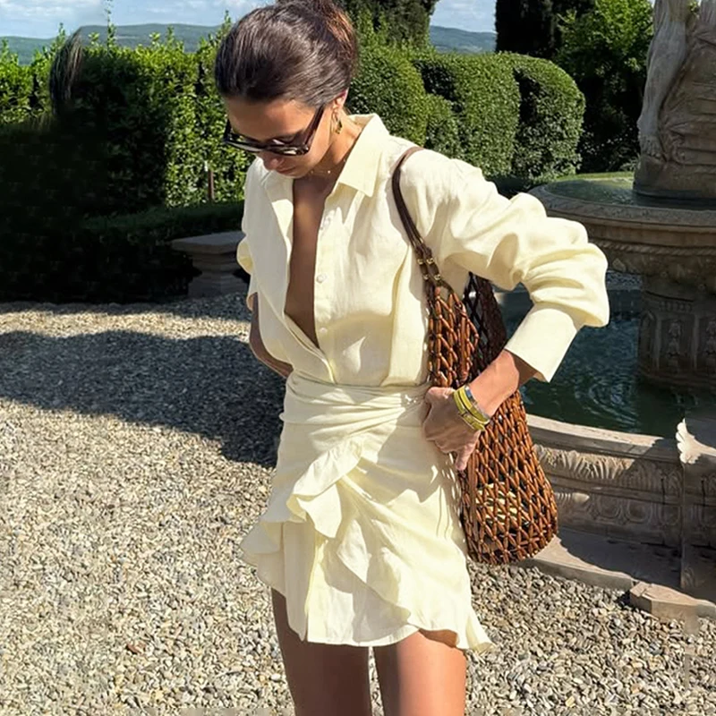 TARUXY Lace Up Shirt Jurk vrouwen Zomer Nieuwe Vakantie Lui Effen Revers Bodycon Onregelmatige Shirt Jurk Vrouwelijke Reizen Strand jurk