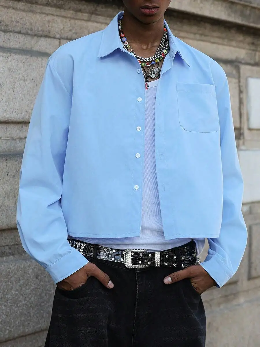 

Men's Light Blue Cropped Button-Up Shirt, Casual Streetwear Style