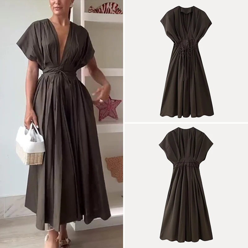 

Ele Folded Waist oulder Draped Summer New Arrival Women's Faion Dr High Waist A-Line Long Skirt V-Ne Polyester