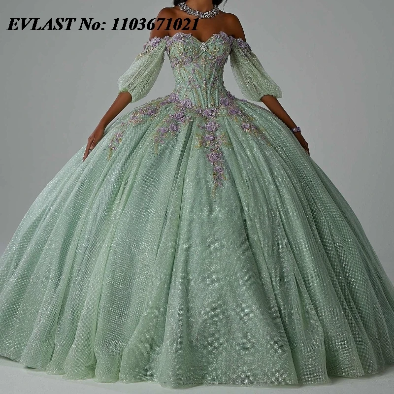 

EVLAST Customized Sage Green Quinnceanera Dress Ball Gown Shiny Lace Applique Beading Corset Sweet 16 Vestidos De 15 Anos SQ552