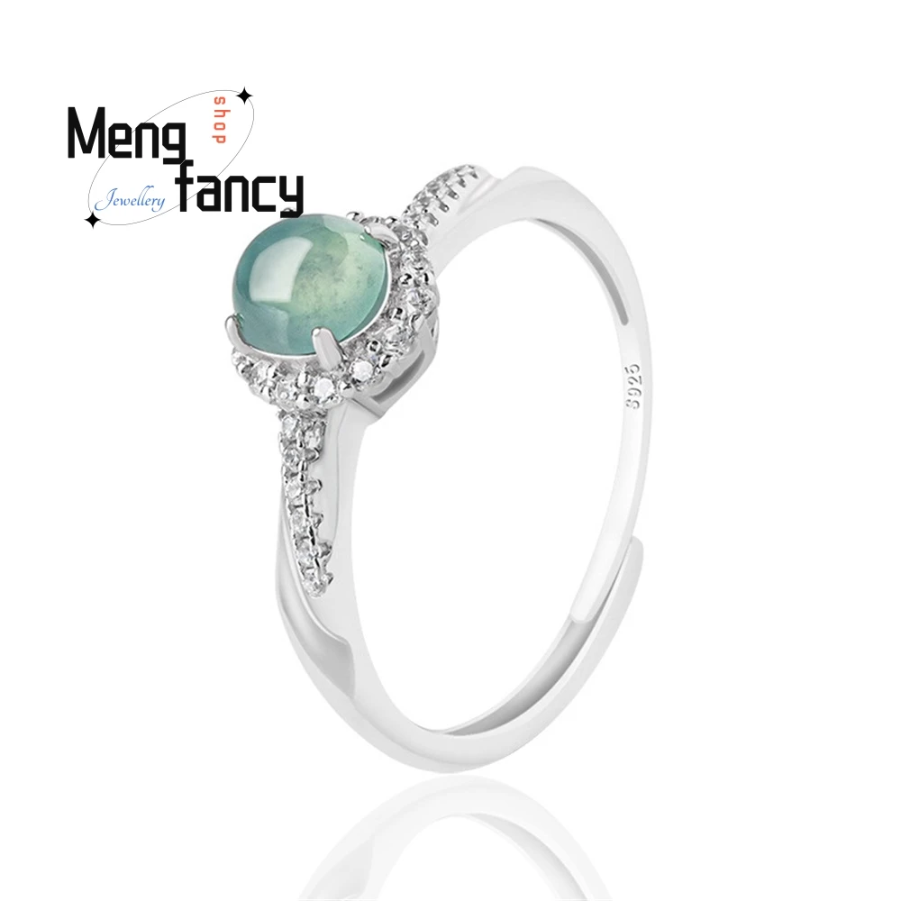 أفضل بيع S925 الفضة مطعمة الطبيعية السلع اليشم الأزرق المياه الدائري الجليد اليشم خاتم الموضة المرأة خاتم قابل للتعديل شعبية