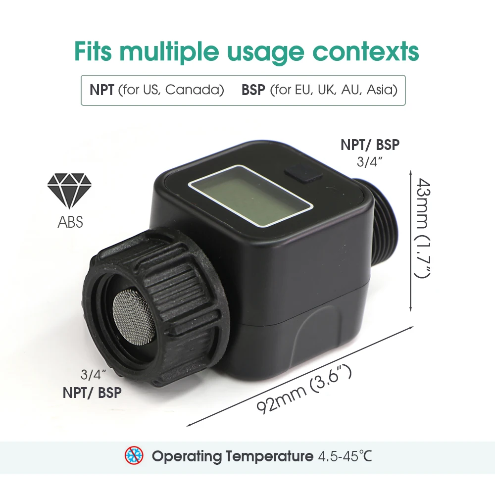 Water Flow Meter with 3/4'' Thread Measure Gallon/Liter Consumption and Flow Rate for Outdoor Garden Hose Watering Sprinkler etc