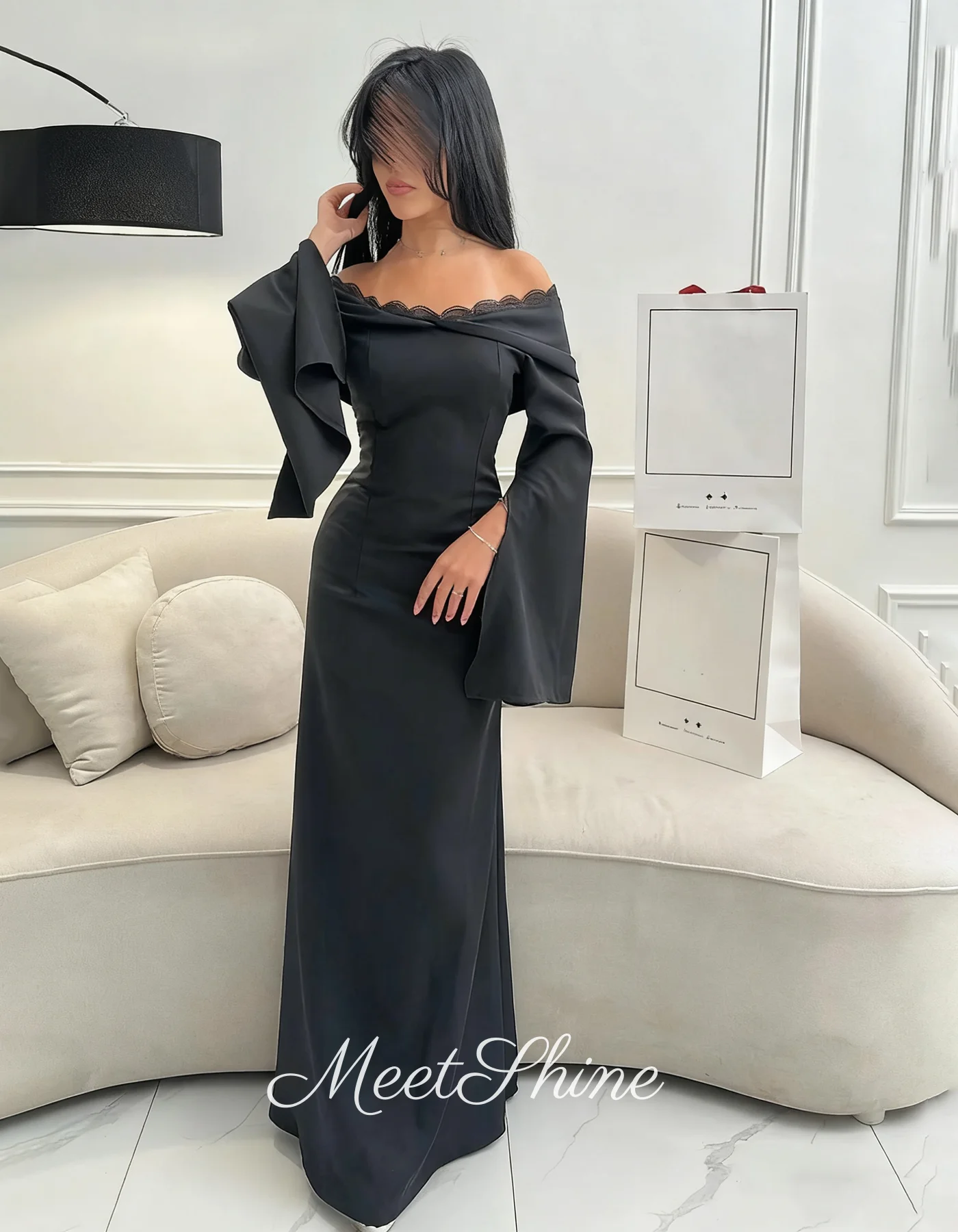 Vintage sirena negro fuera del hombro vestidos de noche simple con llamarada mangas largas satén formal vestido de fiesta de boda personalizado