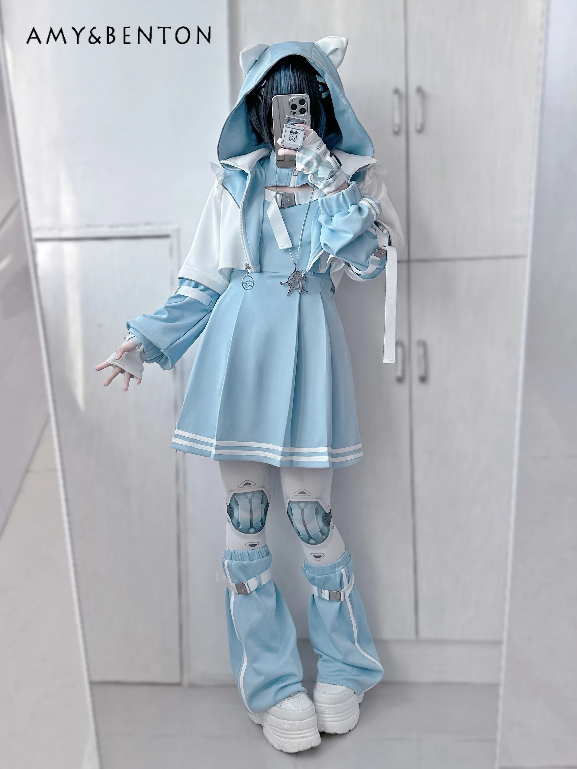 Japanese Harajuku Mine Series Water Color System Laser Slim Dress Short Coat Two Piece Sets Womens Outifits Gothic Skirt Sets